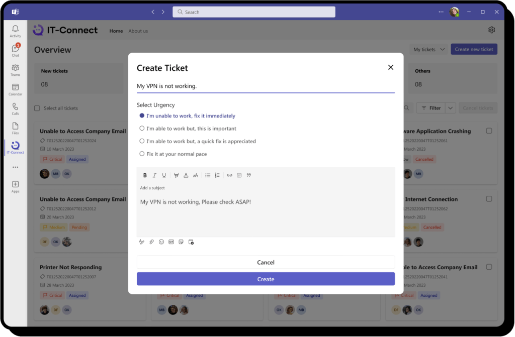 Creating tickets Through Microsoft Teams IT-Connect Plugin 