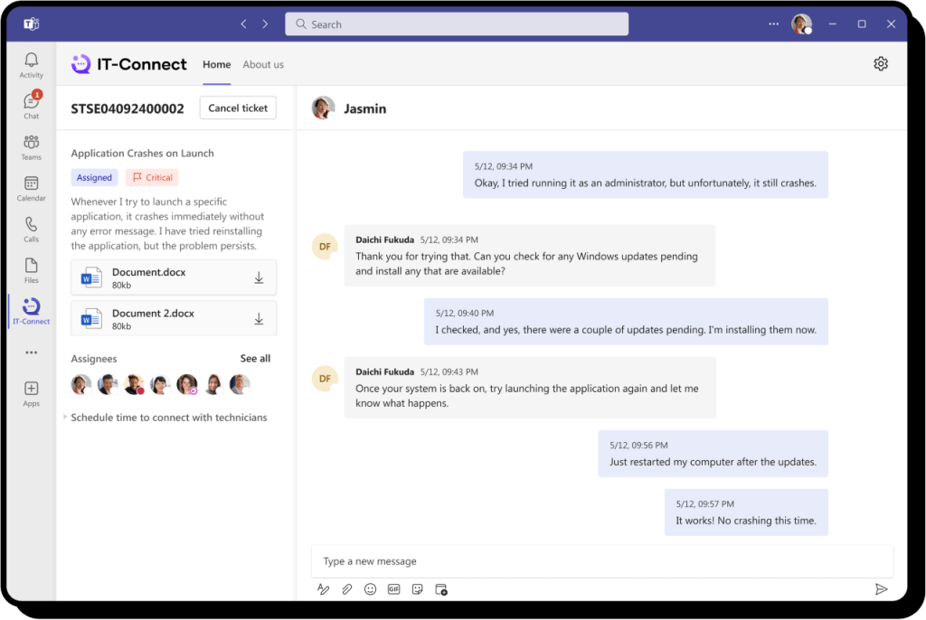 Though Microsoft Teams, IT-connect enables you to chat with your Techs